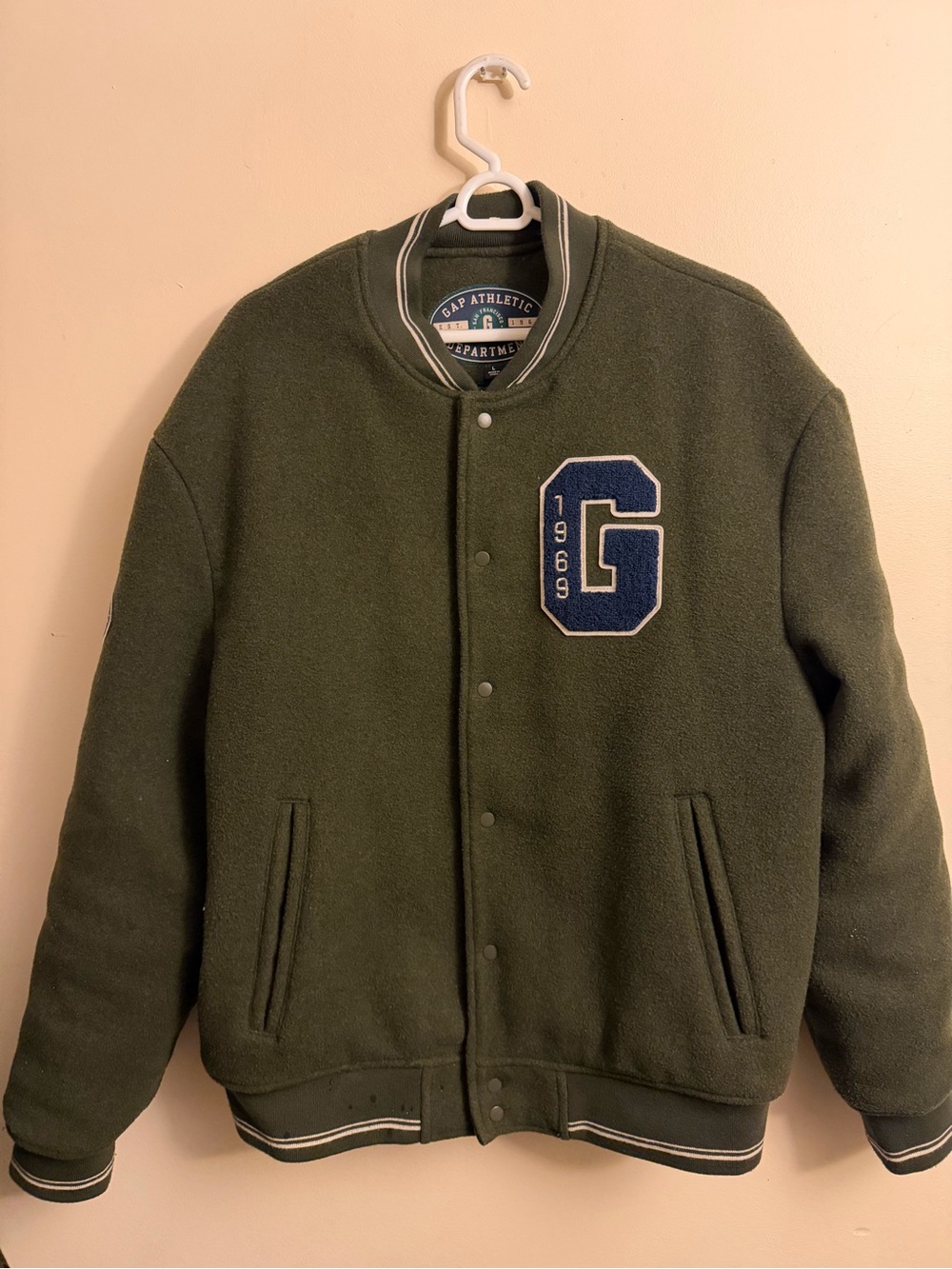 GAP Olive Green Varsity Bomber Jacket with Navy 'G' Patch